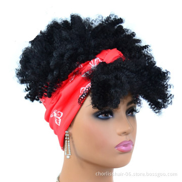 Wholesale Black Kinky Cruly With Colorful Scarf And Bangs Short Heat Resistant Afro Synthetic Hair Headband Wigs For women